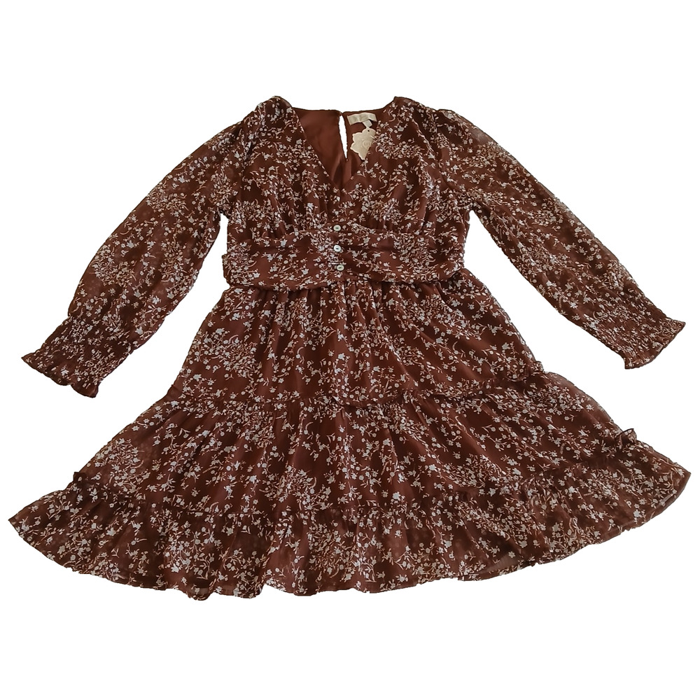 Indulge Instyle Dress Womens XL Brown A-line Floral Long Sleeve Chiffon Coquette